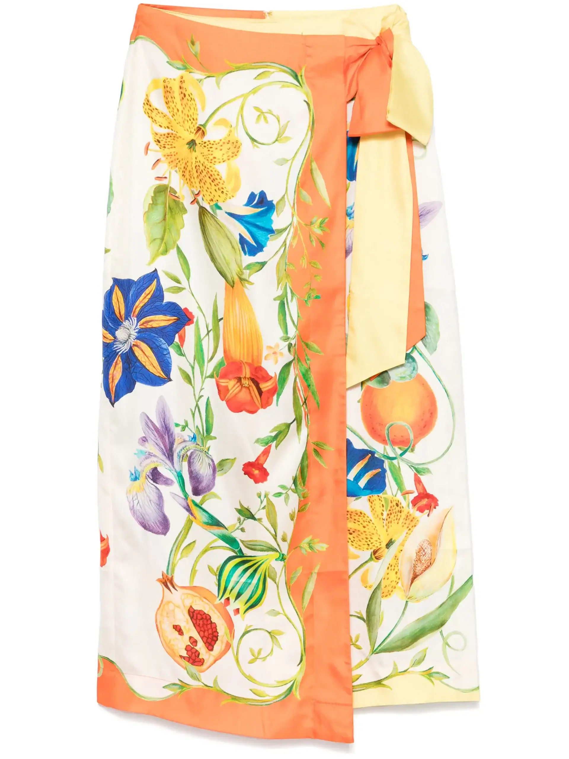 1. Saia de verão floral com detalhes em tons de laranja, amarelo e roxo.