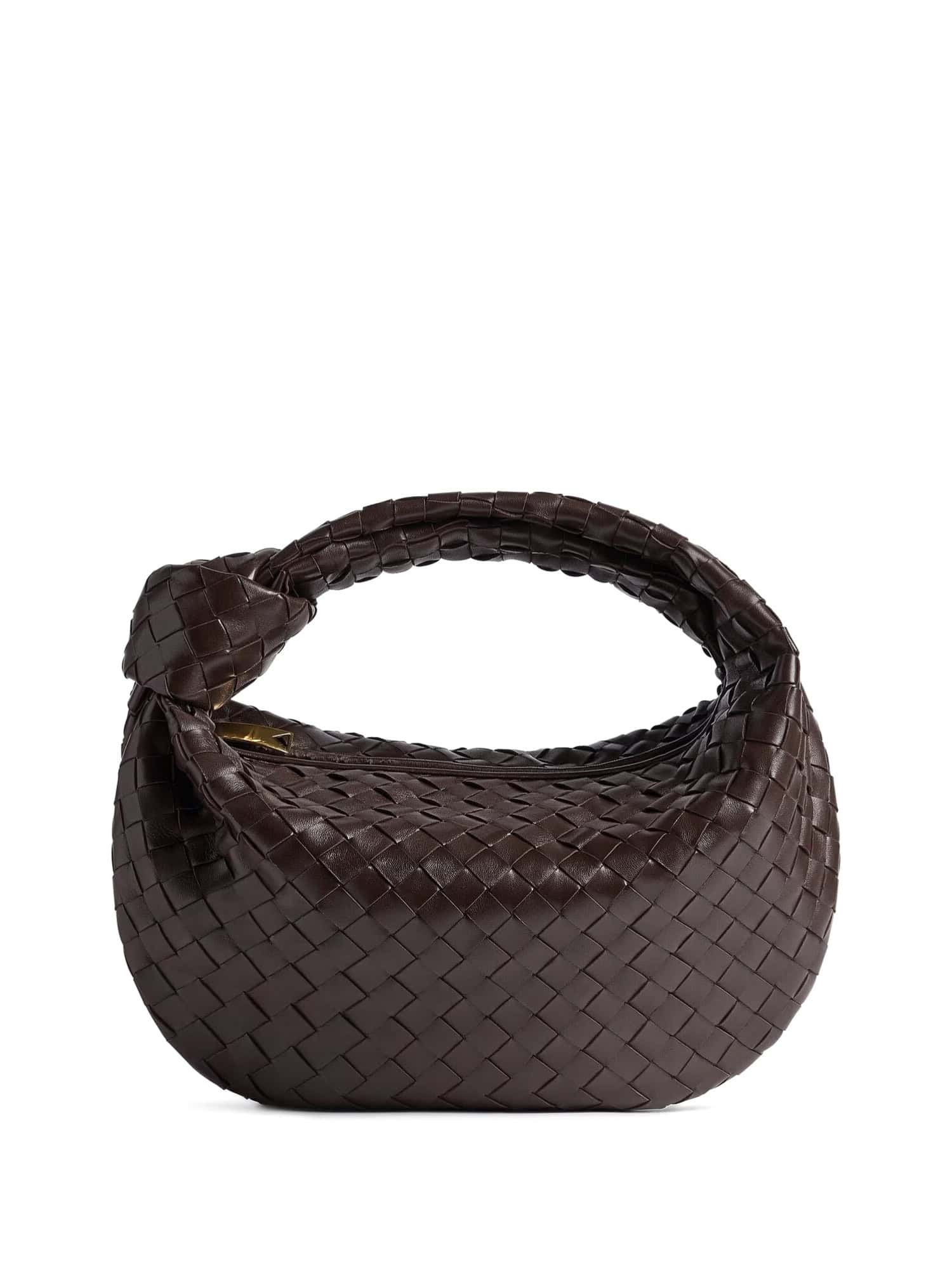 Luxuosa bolsa de couro trançado em marrom escuro, design elegante e exclusivo para mulheres e homens.