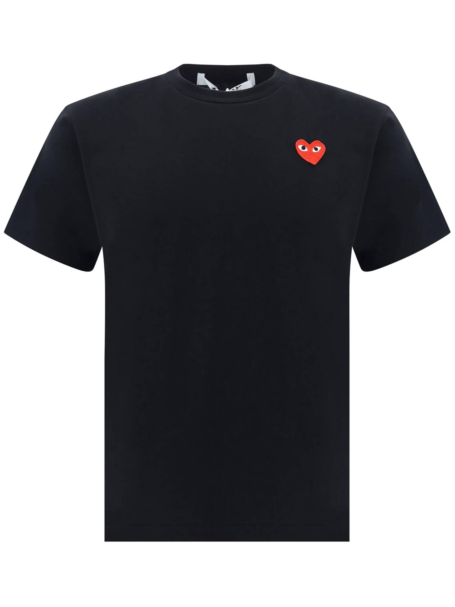 1. Camiseta preta com logotipo de coração da marca Comme des Garçons Play para homens e mulheres.