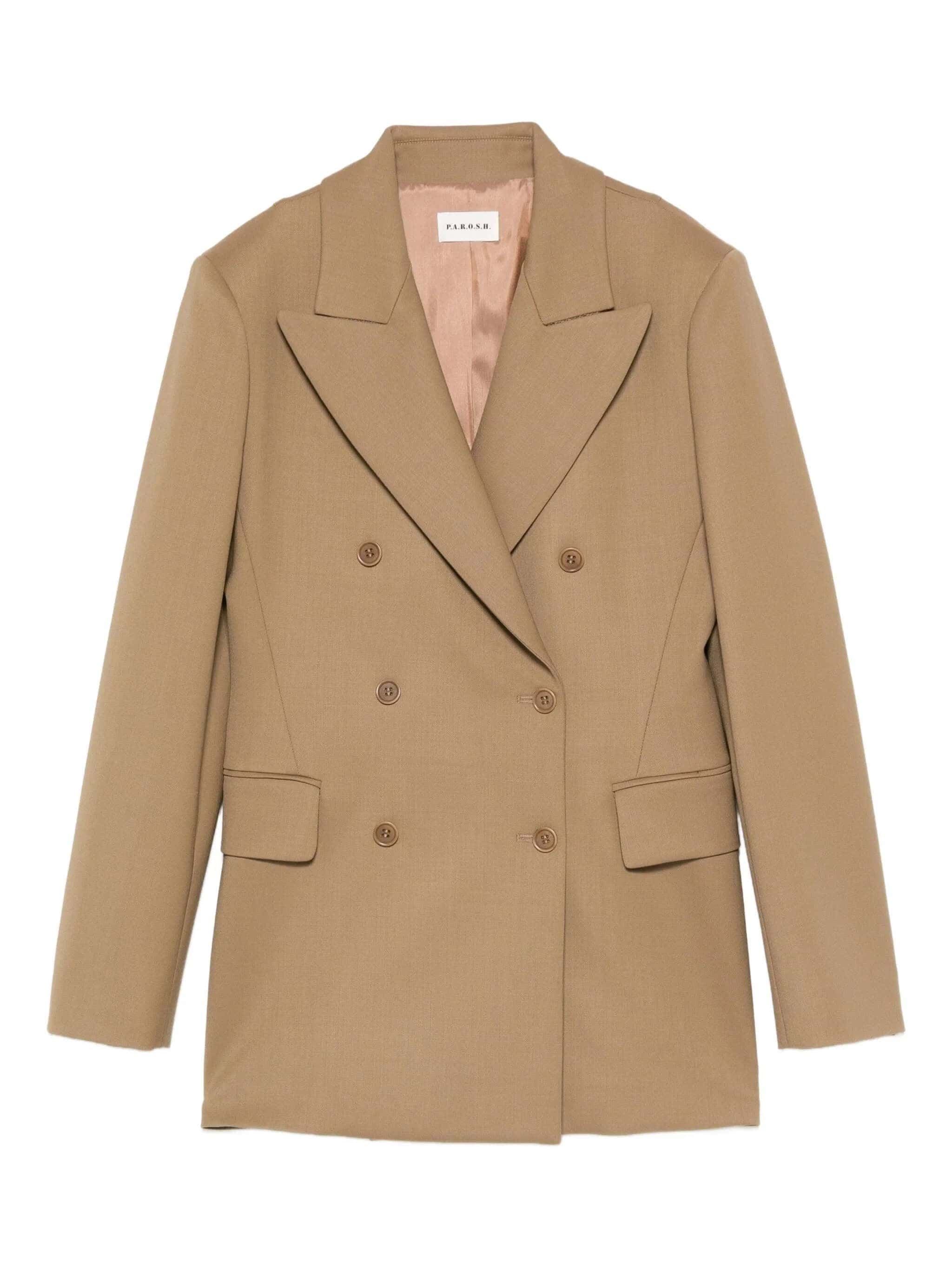 Beige women's tailored coat, elegant and sophisticated, perfect for formal occasions.